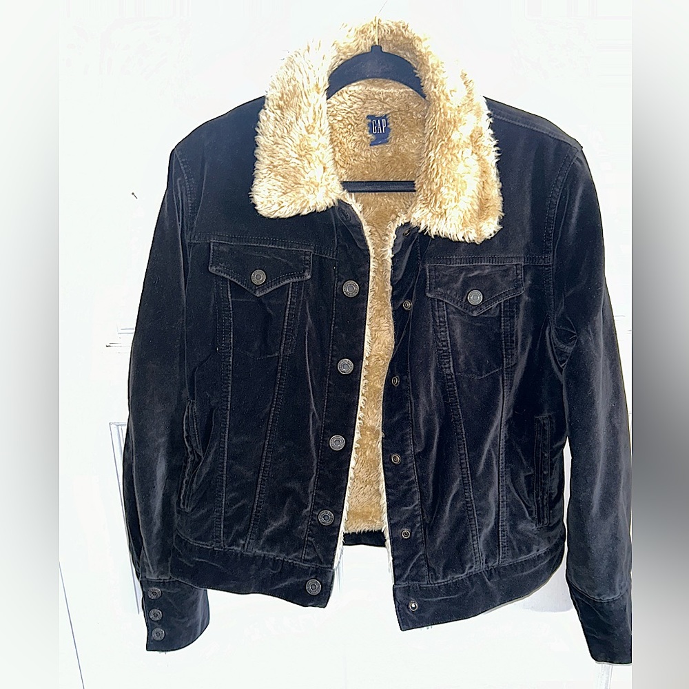 Gap Black Faux Fur Corduroy Button Up Collared Jacket Medium